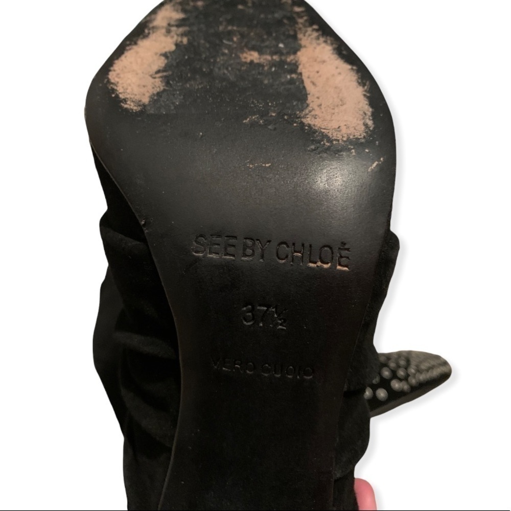 See By Chloe Black Suede Silver Studded Toe Heeled Ankle Booties Size 37.5 - Picture 5 of 9